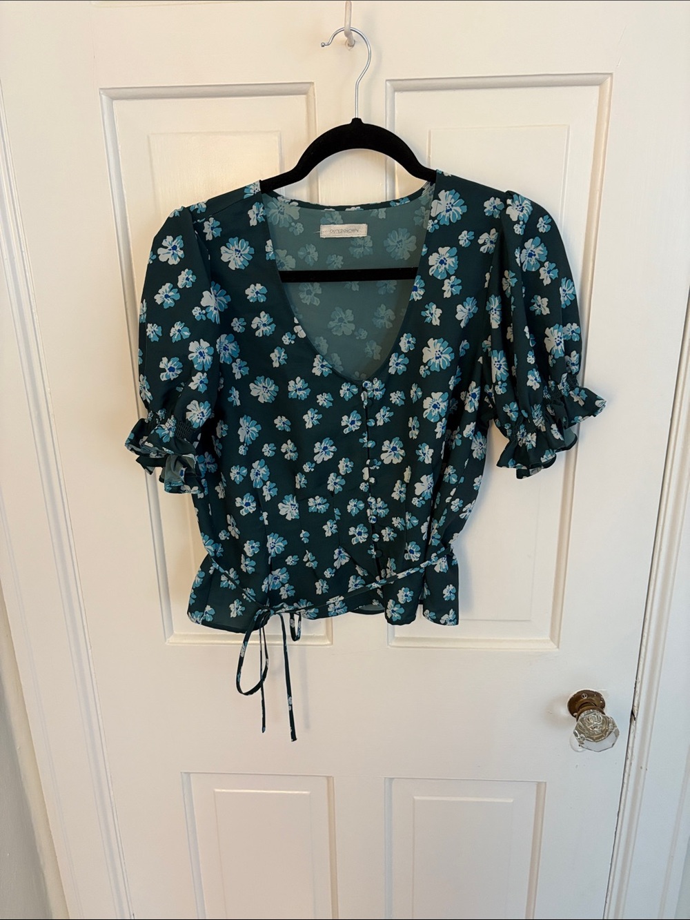Outerknown Teal Floral V-Neck Tie-Waist Blouse